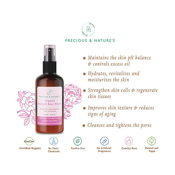 Precious & Nature'S Organic Damask Rose Water For Skin Tightening and Rejuvenation 100 ml - Face Serum