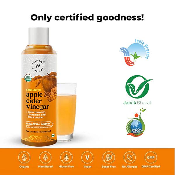 Wellbeing Nutrition Apple Cider Vinegar with Turmeric, Amla, Cinnamon and Black Pepper, Raw Unfiltered with 2X The Mother - 500ml - Apple Cider Vinegar - Acv