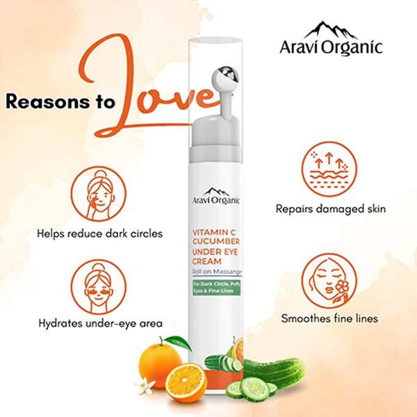 Aravi Organic Vitamin C and Cucumber Under Eye Cream Roll On For Dark Circles and Puffy Eyes 15 ml - Under Eye Creams & Serums