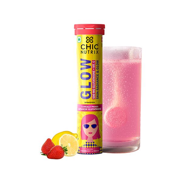 Netmeds | Chicnutrix Glow - Glutathione & Vitamin C For Skin Radiance - Strawberry & Lemon Flavour 20 Tablets 1's