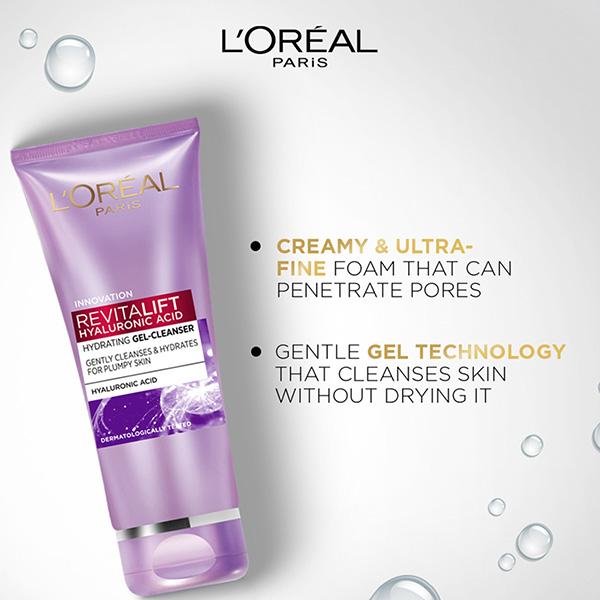 L'Oreal Paris Revitalift Hyaluronic Acid Hydrating Gel-Cleanser, Gently Cleanses & Hydrates For Plumpy Skin 100 ml - Face Washes