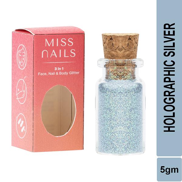 Miss Nails 3 In 1 Glitter Holographic Silver 13 5 gm - Nail Polish