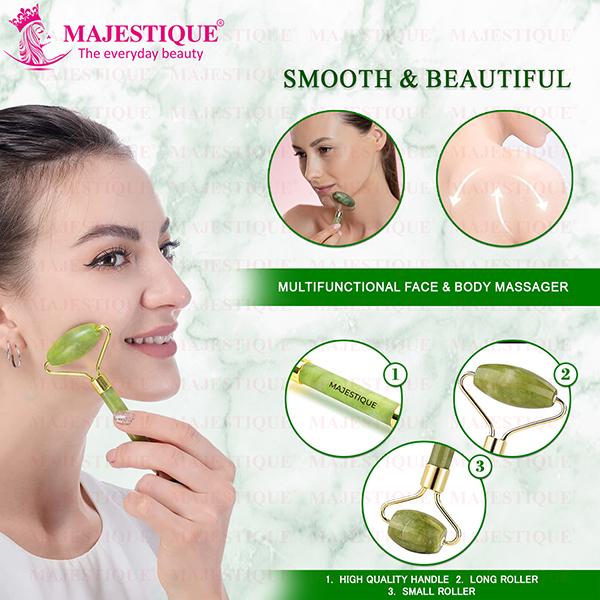 Majestique Jade Face Roller and Massager Gua Sha Set Facial Skin Roller Massager Tool 1's - Massagers