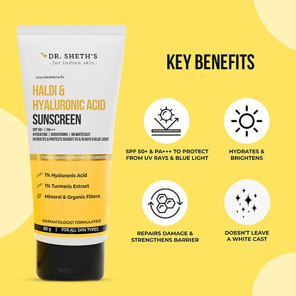 Dr. Sheth'S Haldi & Hyaluronic Acid SPF 50+ PA+++ Sunscreen 80gm - Face Sunscreen