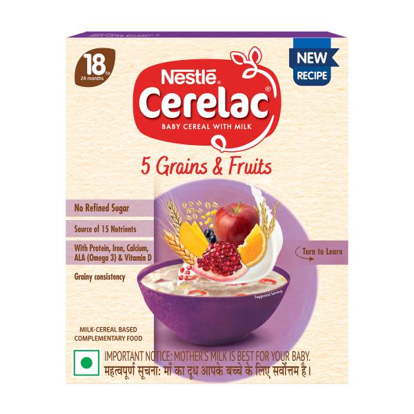 Netmeds | Nestle Cerelac Baby Food Cereal No Refined Sugar - 5 Grains & Fruits (For 18 to 24 Months Baby) 300 g