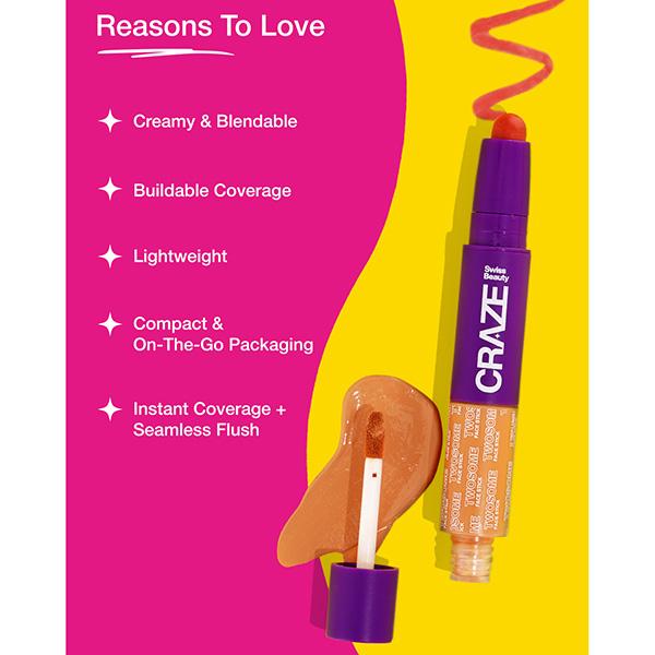 Swiss Beauty Craze Twosome Lightweight Face Stick, 2-In 1 Liquid Concealer and Creamy Blush 3 - Medium Pink 9.4 gm - Concealer