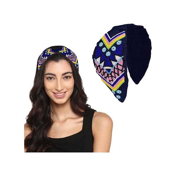 Netmeds | Majestique Cotton Floral Printed Embroidered Embellished Fabric Hair Accessories Band - Blue 1's