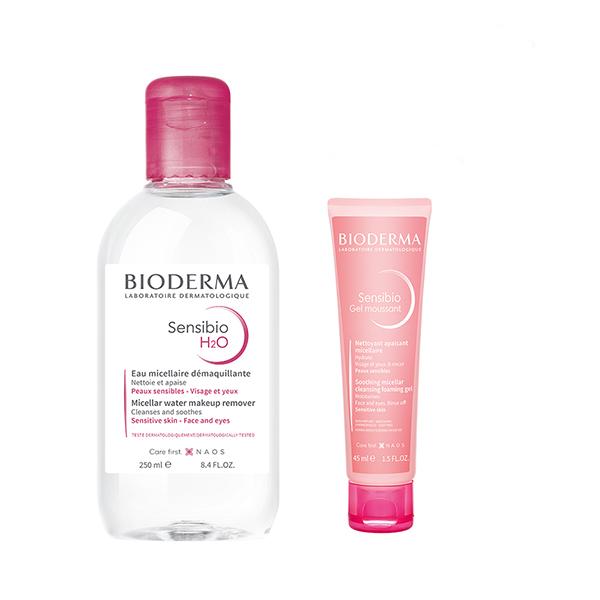Netmeds | Bioderma Combo (Sensibio H2O Micellar Water Makeup Remover 250 ml + Bioderma Sensibio Gel Moussant Soothing Micellar Cleansing Foaming Gel 45 ml)