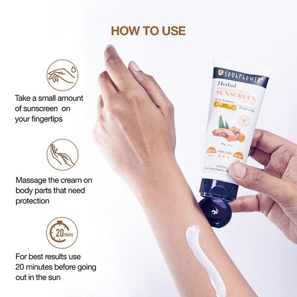 Soulflower Herbal Broad Spectrum SUNSCREEN SPF 50+ with Turmeric - SPF 50+ PA+++ 100 gm - Face Sunscreen