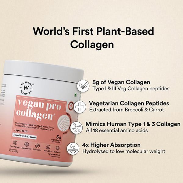 Wellbeing Nutrition Vegan Pro Collagen, Clinically Proven Plant Based Peptides, Hyaluronic Acid, Astaxanthin, Resveratrol 1 gm - Multi-Vitamins