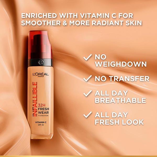 L'Oreal Paris Infallible 32H Fresh Wear Foundation, SPF 25 + Vitamin C 145 Rose Beige 30 ml - Foundation