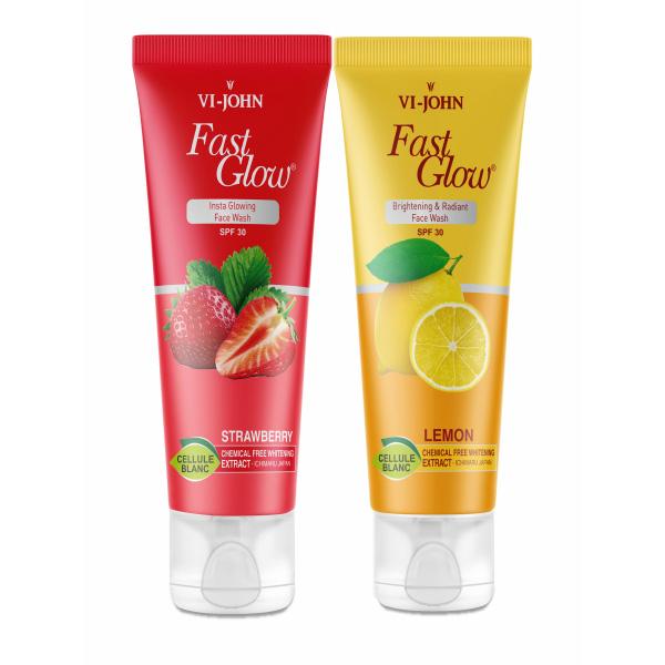 Netmeds | Vi-John Fast Glow Insta Glowing SPF 30 Face Wash - Strawberry 100 ml + Fast Glow Brightening & Radiant SPF 30 Face Wash - Lemon 100 ml
