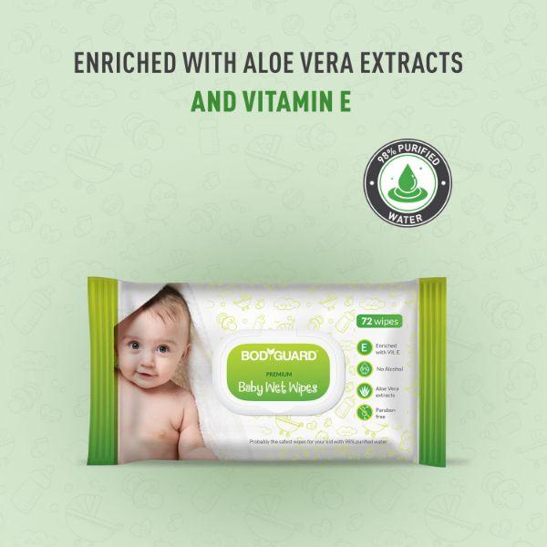 BodyGuard Premium Baby Wet Wipes with Aloe Vera Extract (Pack of 2 x 72's) - Diapers & Wipes