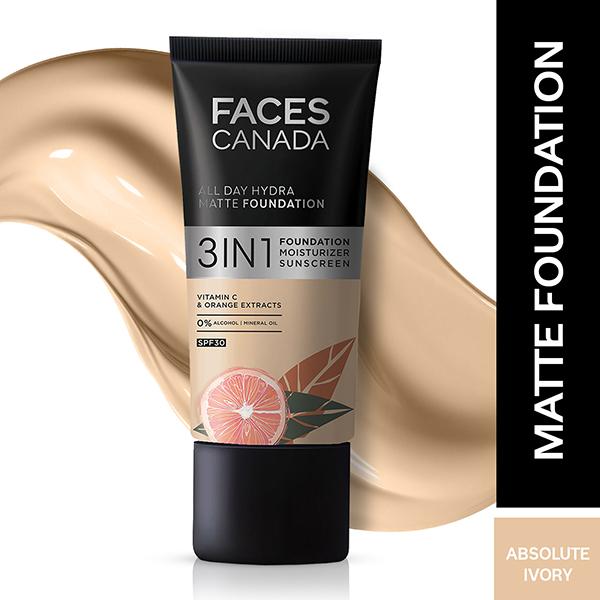 Netmeds | Faces Canada All Day Hydra Matte Foundation 3-In-1 Foundation + Moisturizer + SPF 30 24 Hr Aloe Hydration & Vitamin C 10Hr Long Wear Absolute Ivory 012 25ml