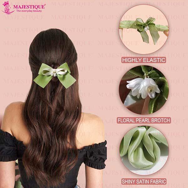 Majestique Satin Silk Layered Hair Bow Embellished Clip And Hair Scrunchies Combo For Women Girls - Green 2's - Hair Clips/Bands