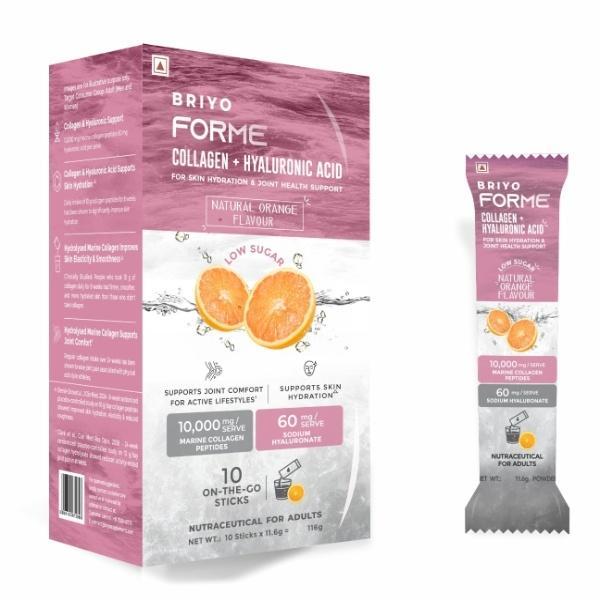 Netmeds | Briyo Forme Collagen + Hyaluronic Acid Structural Support Drink Mix Sugar Free Sachets - Orange Flavour (Pack of 10 x 11.6 g)
