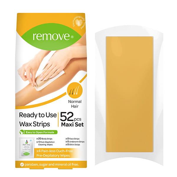 Remove Wax Strips 52 Pcs Maxi Set - Normal Hair (20 Body + 8 Bikini + 8 Face + 8 Underarm Strips & 4 Pain-Less + 4 Post Depilation Cleaning Wipes) 1's - Shaving & Hair Removal