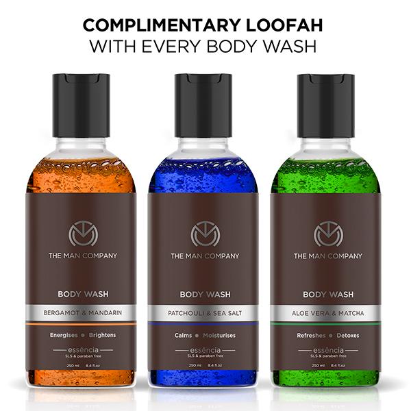 The Man Company Body Wash with Patchouli & Sea Salt Bergamot & Mandarin Aloe Vera & Matcha SLS & Paraben Free 250ml x 3 (With Free 3 Complementary Loofah) 1000 gm - Shower Gels & Body Wash
