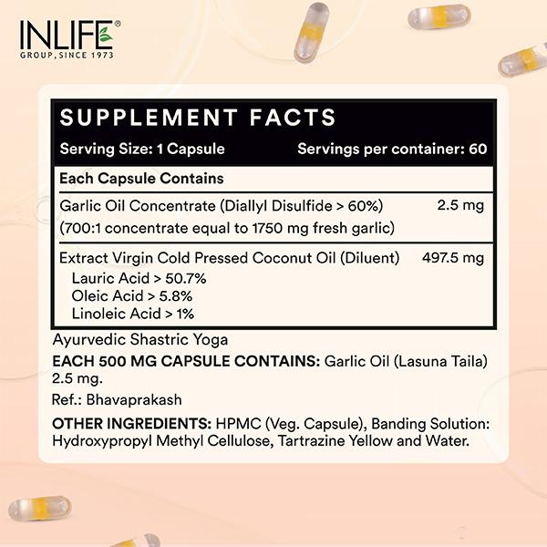 INLIFE Natural Garlic Oil 0.5% 500mg Vegetarian Capsules 60's - Digestive Health