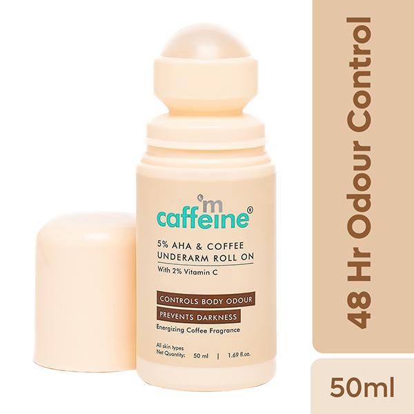 Netmeds | mCaffeine 5% AHA Underarm Roll On - Lactic Acid & Fresh Coffee Deodarant, Prevents Odour & Pigmentation 50 ml
