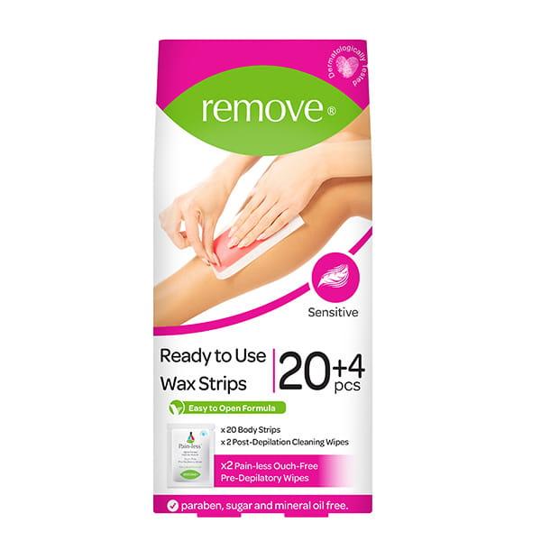 Remove Wax Strips 24 Pcs Body Strips - Sensitive (20 Body Strips & 2 Pain-Less + 4 Post Depilation Cleaning Wipes) 1's