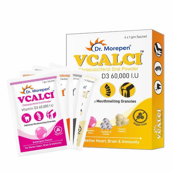 Netmeds | Dr. Morepen VCALCI Vitamin D3 60000 I.U. Sachets Assorted Flavour (Pack Of 4 x 1 gm)