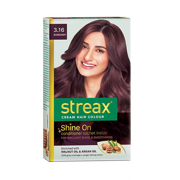 Netmeds | Streax Cream Hair Colour No Ammonia Shine On Enriched With Walnut Oil & Argan Oil - 3.16 Burgandy (55gm+50ml) 1's