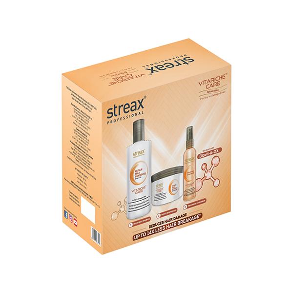 Streax Professional Vitariche Repair Max Post Care Combo Kit ( Shampoo + Masque + Serum) 600 ml - Hair Sets & Kits