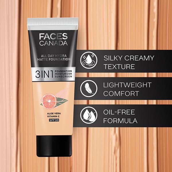 FACES CANADA 3in1 All Day Hydra Matte Foundation + Moisturizer + SPF 30 Medium Natural 022 15 ml - Foundation