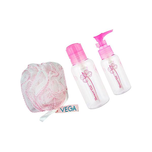 Netmeds | Vega Travel Kit Refillable Storage Plastic Container Bottle and Bath Sponge, 3 Pieces (VCP-12) 1's