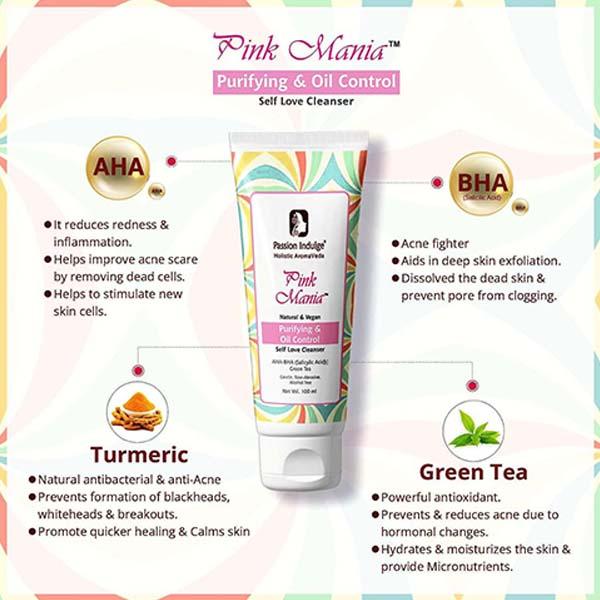 Passion Indulge Pink Mania Face Cleanser for Purifying and Oil Control Face with Aha Bha Acid All Skin Types 100 ml - Face Wash & Cleansers