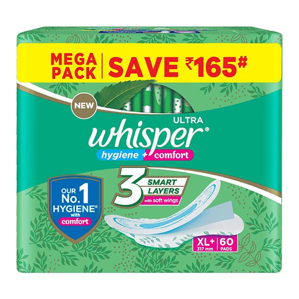 Whisper Ultra Clean Sanitary Pads for Women XL+ 60 Napkins 1's