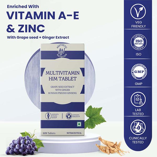 Aesthetic Nutrition Multivitamin Him With Grape Seed Extract, Ginger, And Panax Pseudo Ginseng For Energy, Vitality 60 Tablets 1's - Multi-Vitamins