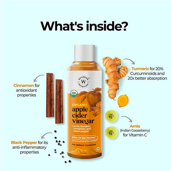 Wellbeing Nutrition Apple Cider Vinegar with Turmeric, Amla, Cinnamon and Black Pepper, Raw Unfiltered with 2X The Mother - 500ml - Apple Cider Vinegar - Acv