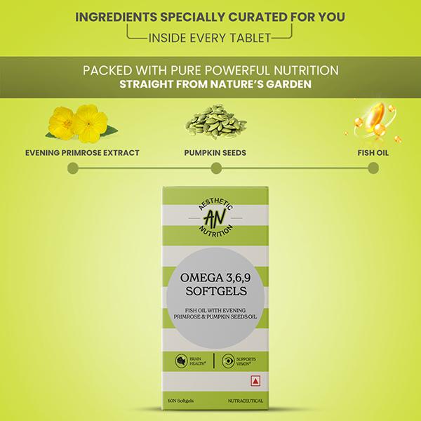 Aesthetic Nutrition Omega 3 6 9 Softgels Triple Omega Formula With Evening Primrose, Fish Oil, And Pumpkin Seed Oil For Heart, Skin 60 Softgels 1's - Omega Fish Oil Fatty Acids
