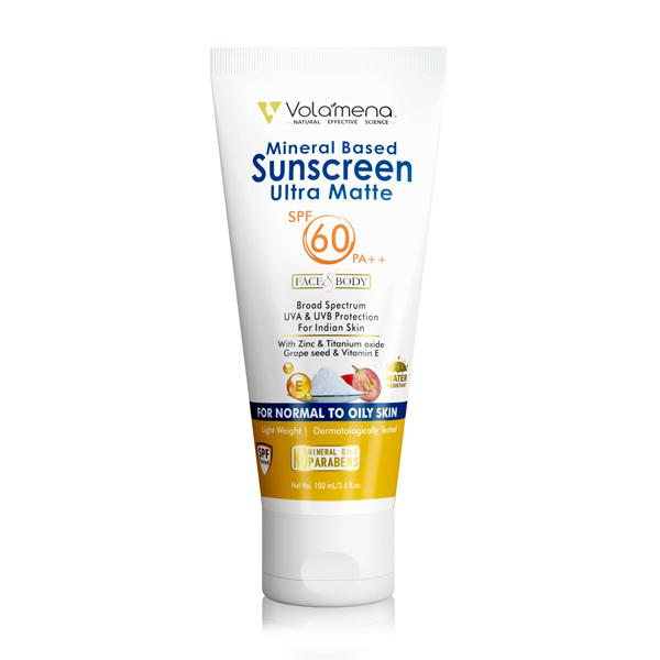 Volamena Mineral based Sunscreen ultra matte SPF 60 PA++ Face & Body Broad Spectrum UVA&UVB Protection for Indian Skin 100ml - Body Sunscreen
