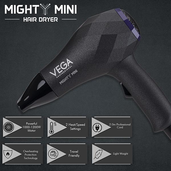 VEGA Professional Mighty Mini Hair Dryer for Men & Women with 2 Heat/Speed Settings (VPVHD-05) 1's - Hair Dryers