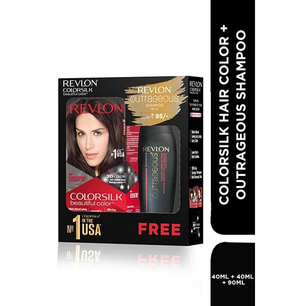 Netmeds | Revlon ColorSilk Beautiful Hair Color with Keratin 3D Color - 2N Brown Black 91.8ml + Outrageous Shampoo 90ml (91.8ml + 90ml) 1's