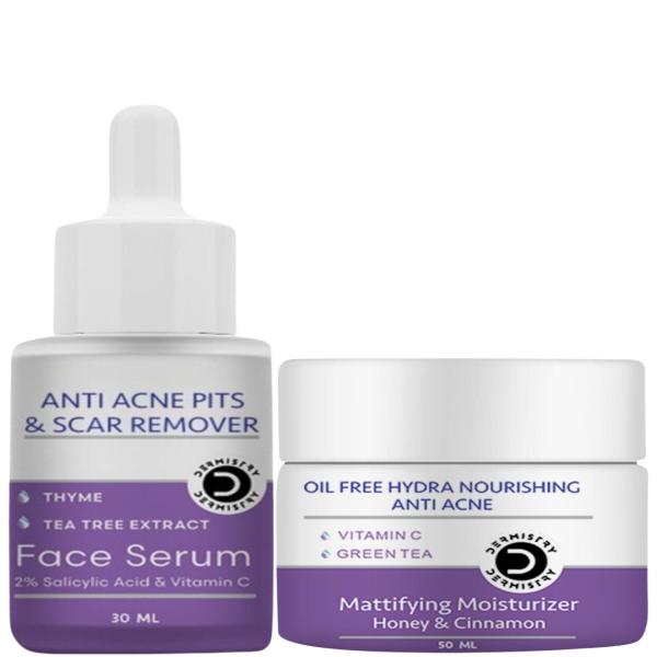 Netmeds | Dermistry Oil Free Hydra Nourishing Anti Acne Mattifying Moisturizer Honey And Cinnamon 50 ml + Anti Acne Pits And Scar Remover Face Serum 30 ml