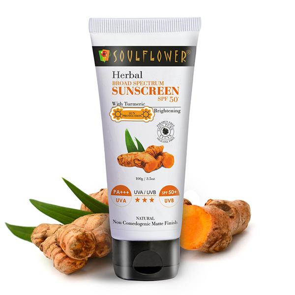 Soulflower Herbal Broad Spectrum SUNSCREEN SPF 50+ with Turmeric - SPF 50+ PA+++ 100 gm - Face Sunscreen