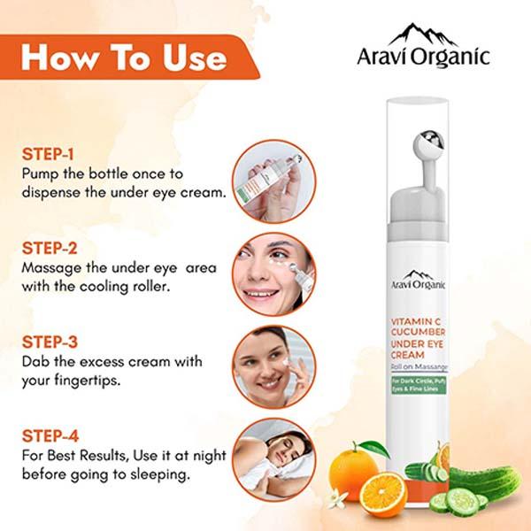 Aravi Organic Vitamin C and Cucumber Under Eye Cream Roll On For Dark Circles and Puffy Eyes 15 ml - Under Eye Creams & Serums