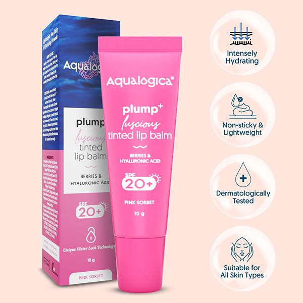 Aqualogica Pink Sorbet Plump + Luscious Tinted Lip Balm With Berries And Hyaluronic Acid 10 gm - Lip Balms