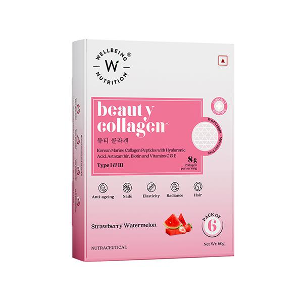 Wellbeing Nutrition Beauty Korean Marine Collagen, Type 1 and 3 Peptides, Hyaluronic Acid, Astaxanthin, Biotin, Vit C - 6 Sachets 60 gm - Multi-Vitamins