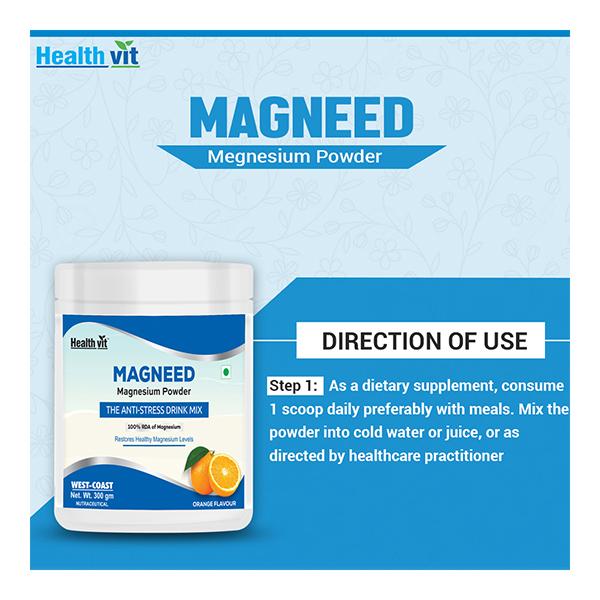 Healthvit Magneed Magnesium Powder - Orange Flavour 300 gm - Calcium And Minerals
