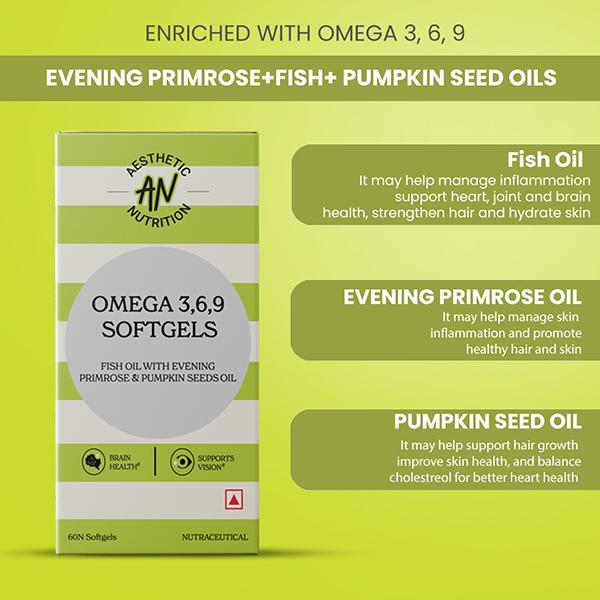 Aesthetic Nutrition Omega 3 6 9 Softgels Triple Omega Formula With Evening Primrose, Fish Oil, And Pumpkin Seed Oil For Heart, Skin 60 Softgels 1's - Omega Fish Oil Fatty Acids