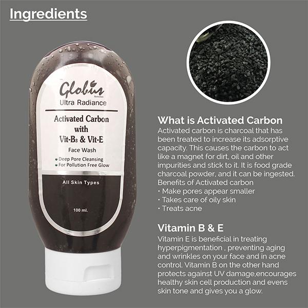 Globus Remedies Activated Carbon with Vitamin B3 and Vitamin E Face Wash 200 ml - Face Washes
