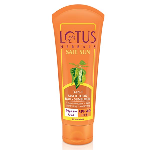 Netmeds | Lotus Herbals Safe Sun 3 In 1 Matte-Look Daily Sunblock Pa+++ Spf-40 100 Gm