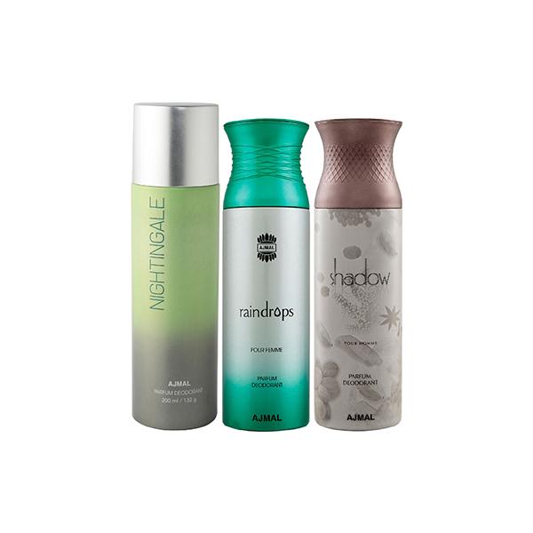 Ajmal 1 Nightingale, 1 Raindrops Femme And 1 Shadow Him Deodorants Pack of 3 200 ml - Deodorants/Roll-Ons