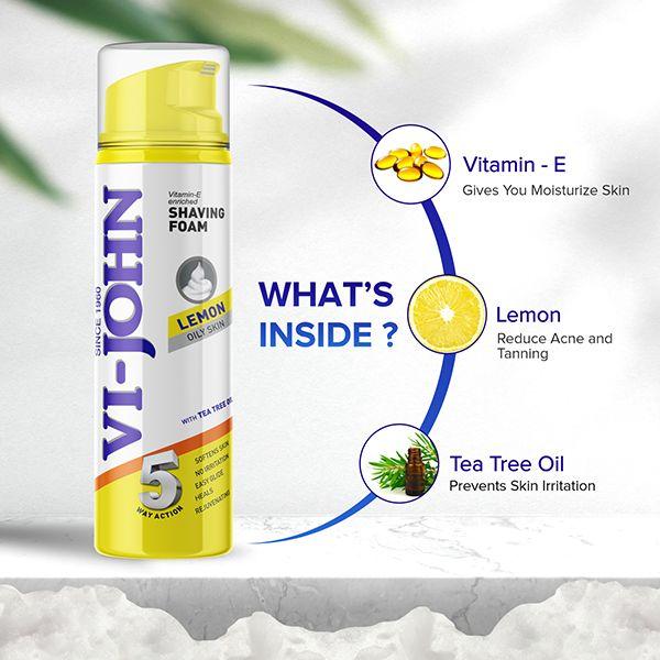 VI-John Lemon Vitamin E Enriched 5 Way Action Oliy Skin Shaving Foam for Men with Tea Tree Oil 200ml - Shaving Foams