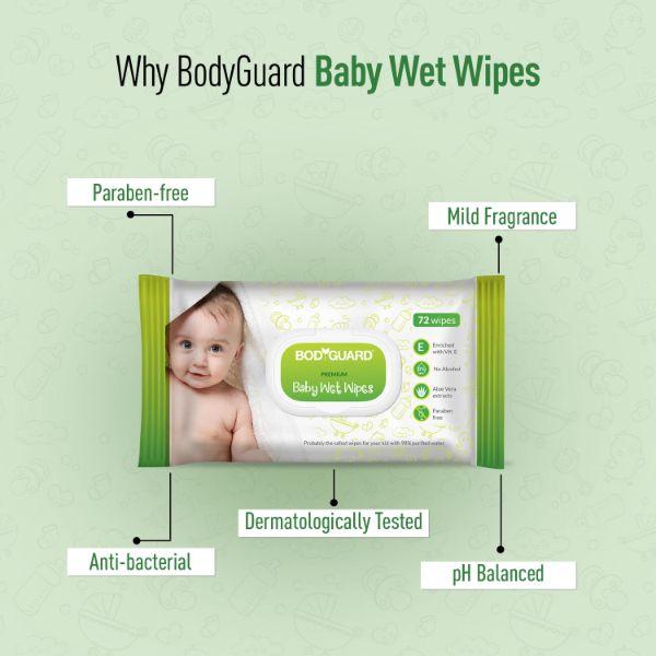 BodyGuard Premium Baby Wet Wipes with Aloe Vera Extract (Pack of 2 x 72's) - Diapers & Wipes